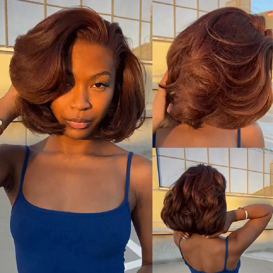 250 Density Chocolate 9x6 Glueless Wig Human Hair Ready To Wear Brazilian Caramel Brown Colored Layer Cut Short Bob Pre Cut Lace