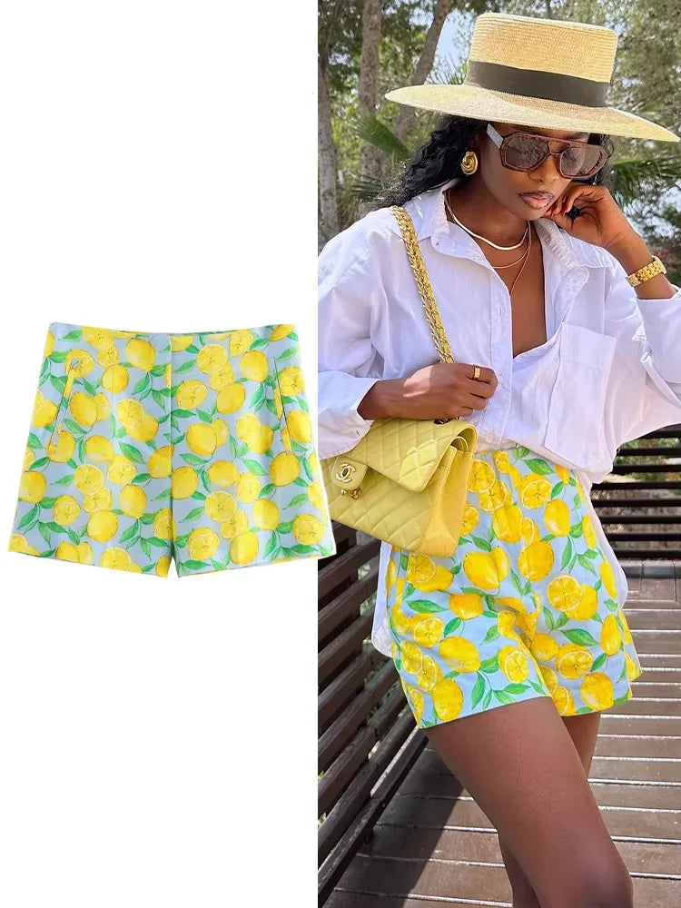 2024 Women Yellow Lemon Print Casual Shorts Y2k Woman Fashion Summer High Waist Zipper Slim Shorts For Beach Party