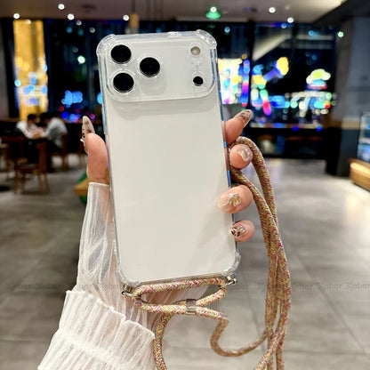 Shockproof Clear Soft Bumper Case For iPhone 17 16 15 14 Pro Max Plus Crossbody Lanyard Necklace Strap Cord Nylon Rope Cover