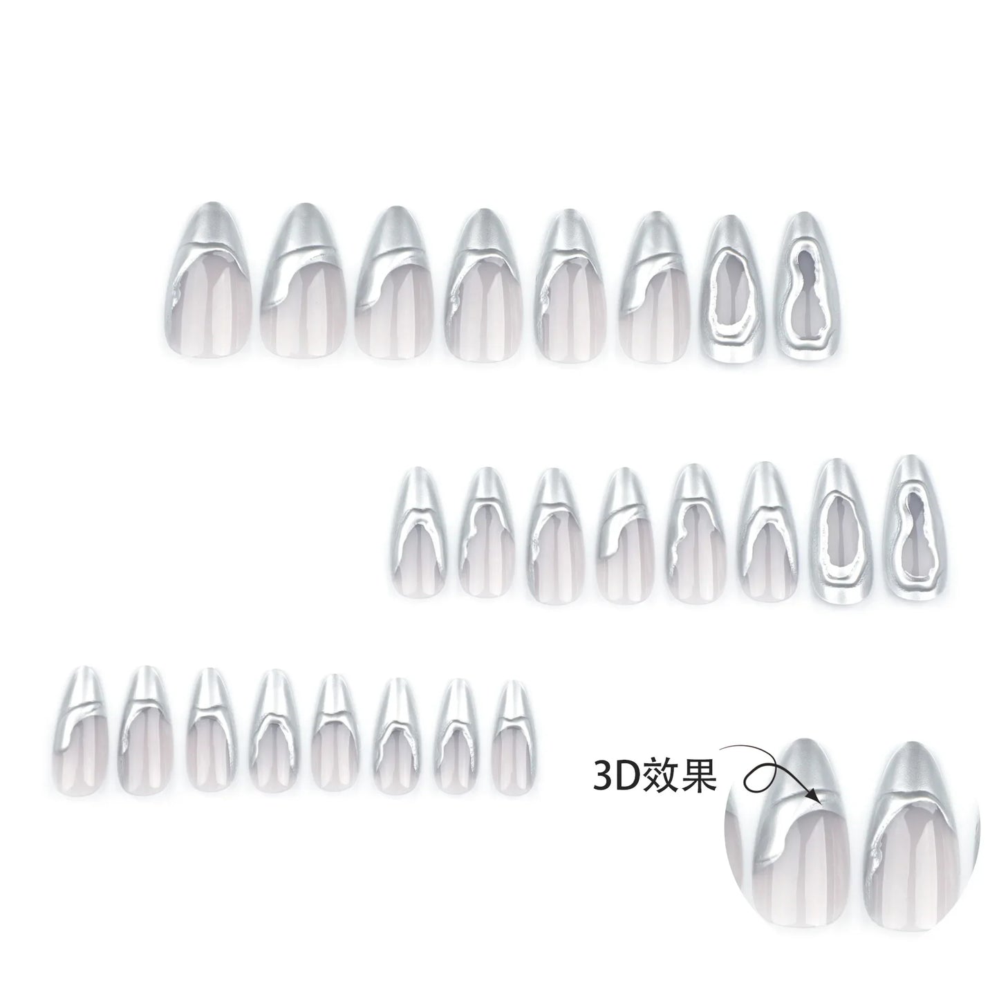 24pcs French Sliver Fake Nails 3D Sliver Mirror Design Almond Press on Nails for Girls Full Cover Wearable Y2k False Nail Tips