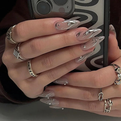 24Pcs Solid Color Grey Almond Fake Nail Cat's Eye Design Wearable Round Head False Nails with Shiny Powder Press on Nails