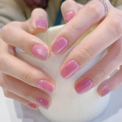 24pcs Crystal Cat Eye False Nails with Glue Short Square Press on Nails Shiny Red Jewel Nail Solid Color Fake Nails Minimalis