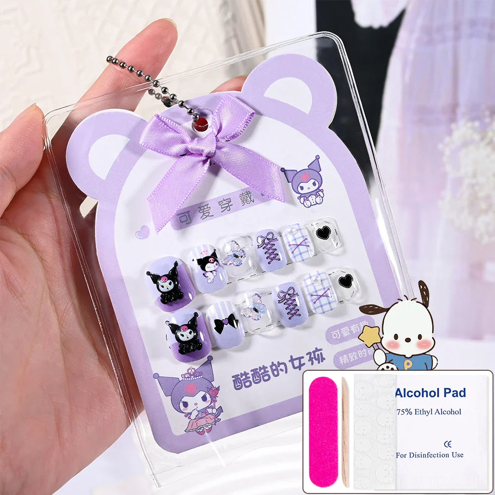 12pcs Kids 3D Stereo Sanrio Fake Nails Patch Sweet Girls Cute Cartoon Hello Kitty press on nails Kuromi Child Wearable FalseNail