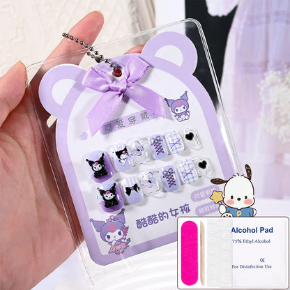 12pcs Kids 3D Stereo Sanrio Fake Nails Patch Sweet Girls Cute Cartoon Hello Kitty press on nails Kuromi Child Wearable FalseNail
