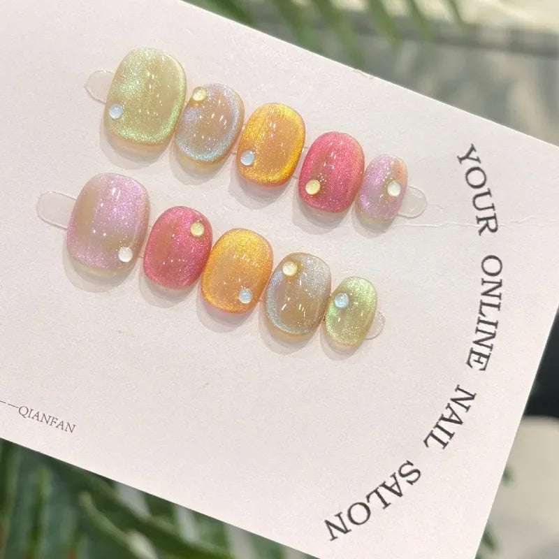 10Pcs Cat Eye Handmade Press on Nails Candy Color Fake Nails Summer Cute Wearable Stick-on Nails Full Cover False Nail Tools