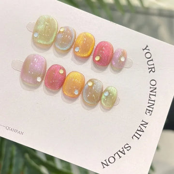 10Pcs Cat Eye Handmade Press on Nails Candy Color Fake Nails Summer Cute Wearable Stick-on Nails Full Cover False Nail Tools