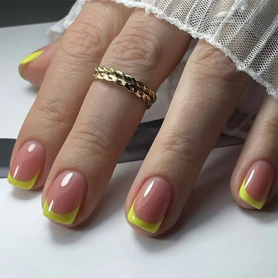 24Pcs Spring Colorful French Fake Nail with Designs Short Square Head Press on False Nails Wearable Simple Jelly Sticks on Nails