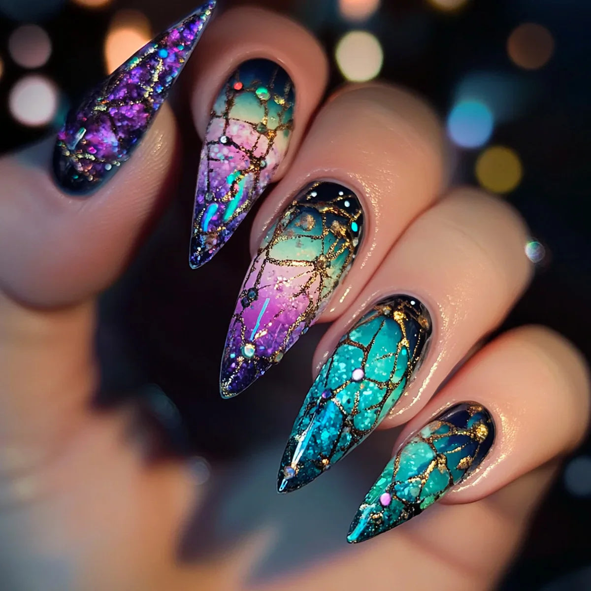 Medium fake nails for women gilrs gradient blue pink starry sky star moon Y2K design Almond nail tips press on false nail set