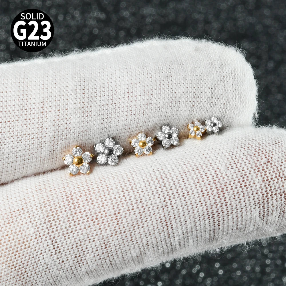 1/5PCS F-136 Implant Titanium Different Size Flower Zirconia Labret 16G Internal Threaded Cartilage Helix Lobe Earring Piercing