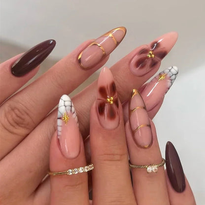 Fashion Brown Flowers Nude Color Nail Art Gold French Almond False Nails Detachable Finished Fake Nails Press on Nails with Glue