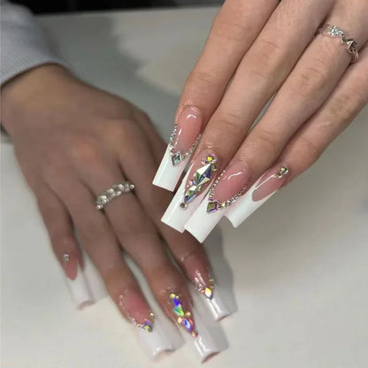 24Pcs Long Square False Nails Simple White French Fake Nails Wearable Ballet Coffin Full Cover Nail Tips Acrylic Press on Nails