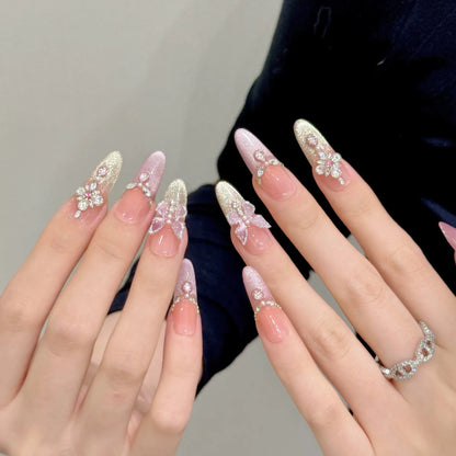 10pcs Handmade Press On Nails Almond 3D Crystal Butterfly False Nails Decor Glitter French Tip Fake Nails Elegant Blush Nail Art