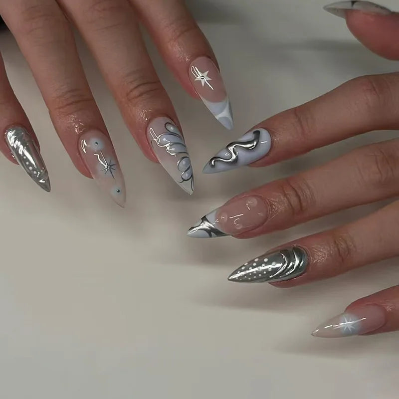 24Pcs Simple French Nails Art Tips Fake Nails 3D Design Wearable Full Cover False Nail Mid-length Almond Reusable Press on Nails