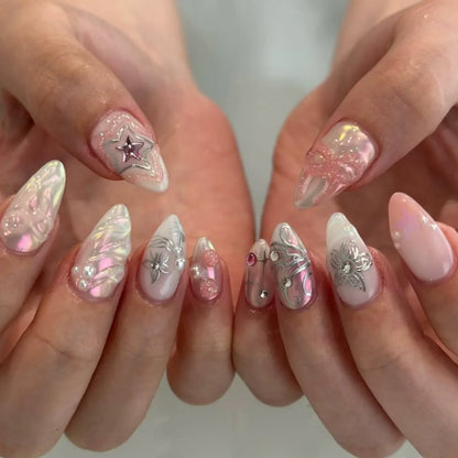 24Pcs Cyber Punk Style Almond False Nails Press on Pink Blush Full Cover Fake Nails 3D Ombre Wearable Acrylic Nail Manicure Tips