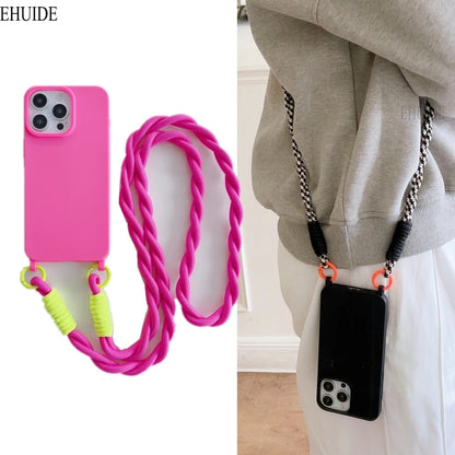 Shockproof Candy Lanyard Case For iPhone 17 Pro Max 14 12 11 13 15 16 Plus Air Crossbody Neck Cord Rope Strap Soft TPU Cover
