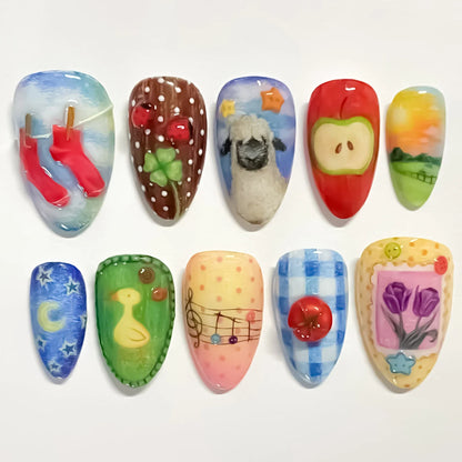 24pcs White Flower Fake Nail Tips Ins Yellow Pink Blush False Nails Wearable Full Cover European Almond Shaped Press on Nails
