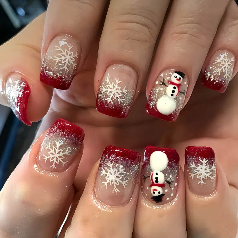 24pcs/set short fake nails for Christmas Square ballet winter false nail tips snow flakes christmas tree snowman press on nails