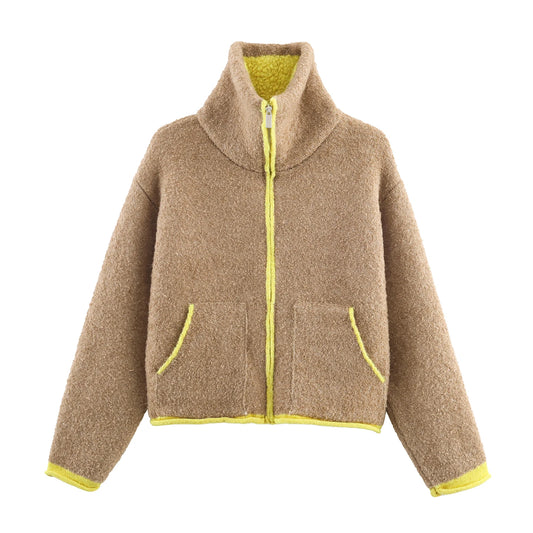 2025 Winter New Product Women's Lazy Style Loose Contrasting Color Decorative Layer Knitted Pilot Jacket Coat
