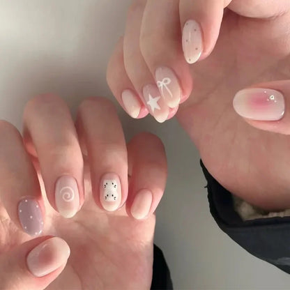 24PCS Cute Red Bowknot Short Oval Press on Nail with Glue Cartoon Cat Glossy French Fake Nails for Girls Wearable Ins Nail Tools