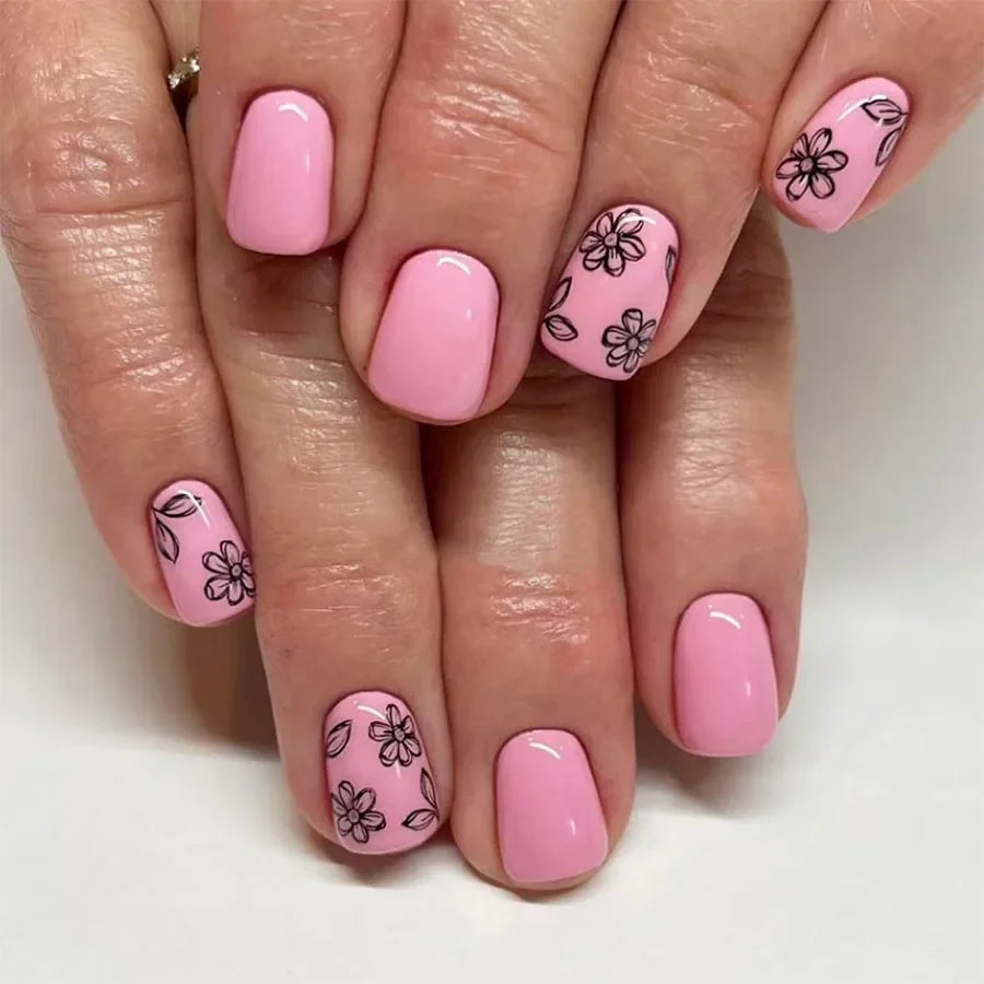 24pcs Short Square Press on Nails Jade Flower Sparkling Powder Designs Fake Nails with Glue Green Gradient Full Cover Nail Tips