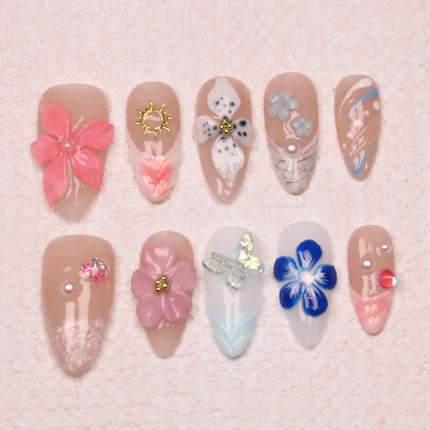 10Pcs Handmade Manicure Medium Almond Fake Nails Unique 3D New Cut bow Flowers Press On Nails Design with Adhesive Nail File Set