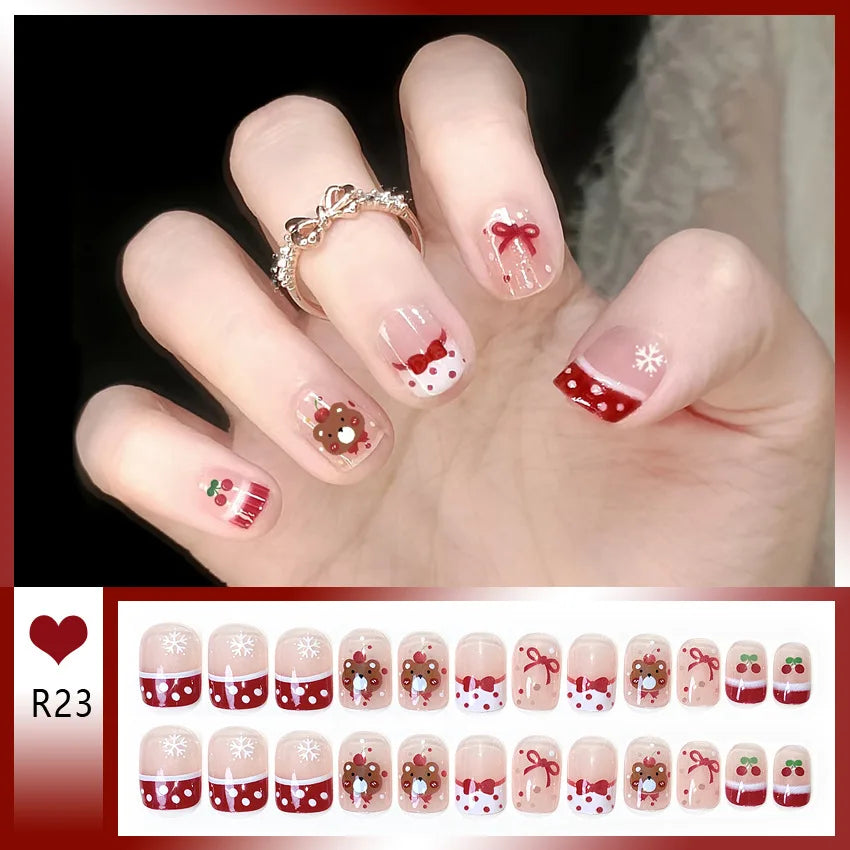24pcs Bowknots Love Heart Pattern Press On Nails Cute Fresh Short Round French Style False Nails Korean Sweet Wearable Fake Nail