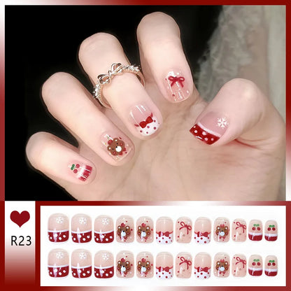 24pcs Bowknots Love Heart Pattern Press On Nails Cute Fresh Short Round French Style False Nails Korean Sweet Wearable Fake Nail