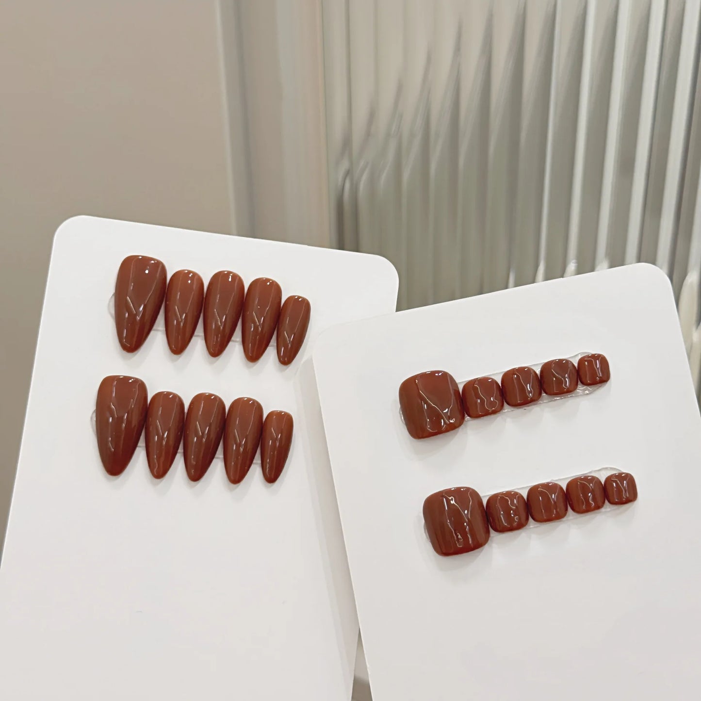 10pcs Handmade Press on Nails Simple Solid Color Almond Fake Nails Full Cover Wearable Lady Summer Brown False Toenails Set