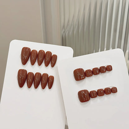 10pcs Handmade Press on Nails Simple Solid Color Almond Fake Nails Full Cover Wearable Lady Summer Brown False Toenails Set