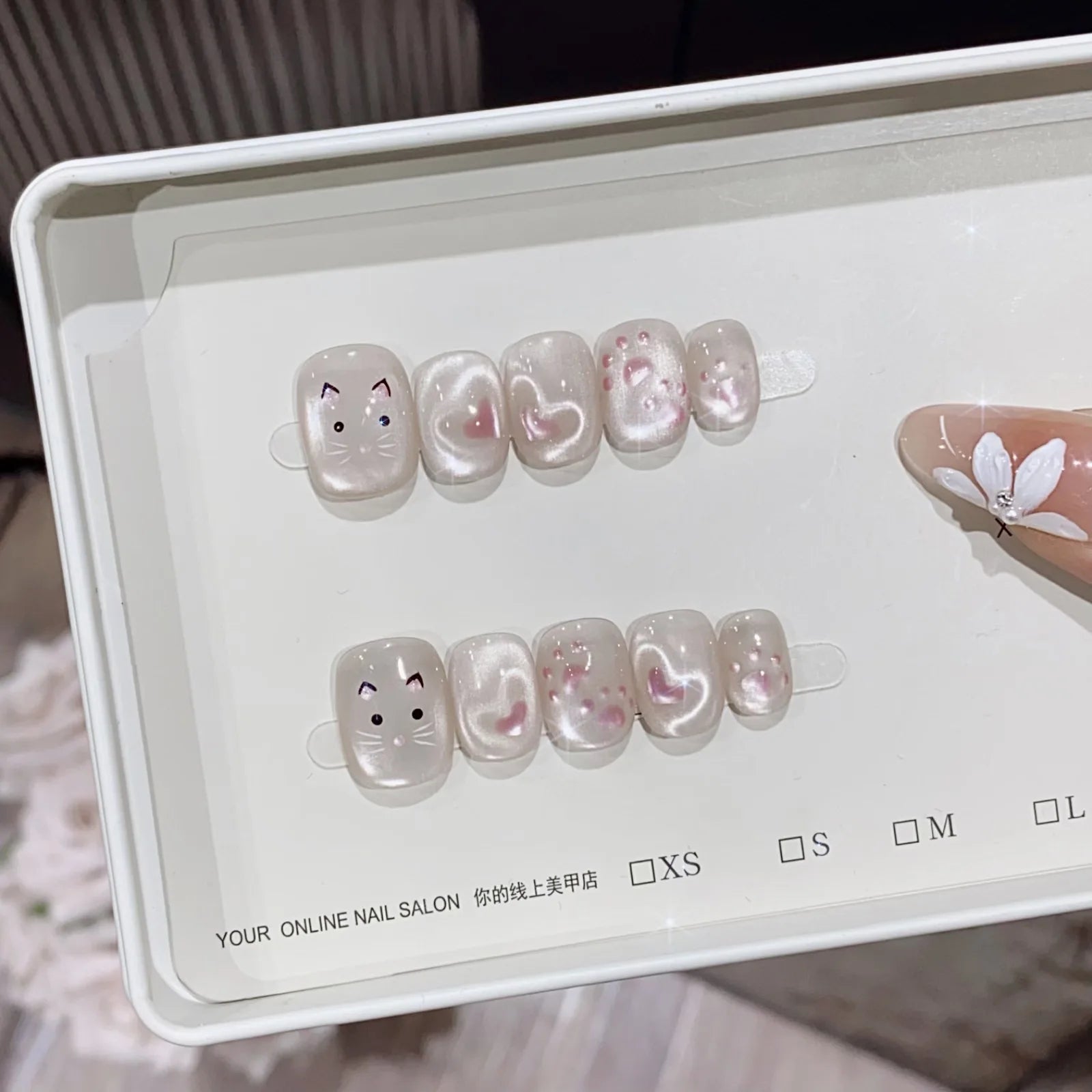 10pcs Handmade Wearable Nails Short Ballet Shape Fashion Light Pink Cat Eye Cute Kitten Claw with Heart False Nails for Party