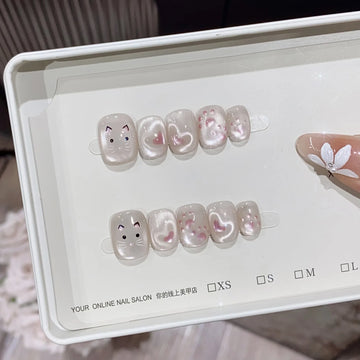 10pcs Handmade Wearable Nails Short Ballet Shape Fashion Light Pink Cat Eye Cute Kitten Claw with Heart False Nails for Party