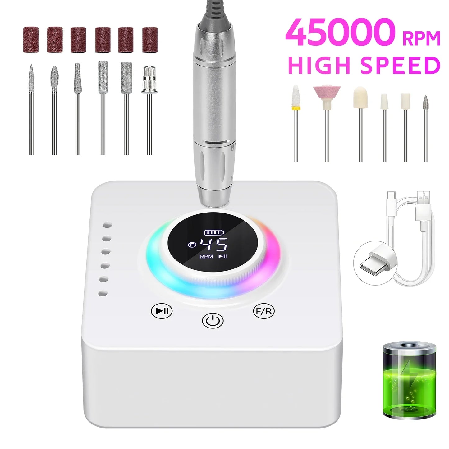 DianaBeauty 45000RPM Rechargeable Nail Drill Machine Nail Polish Polisher Electric Manicure Sander Low Noise Nail Salon Tools