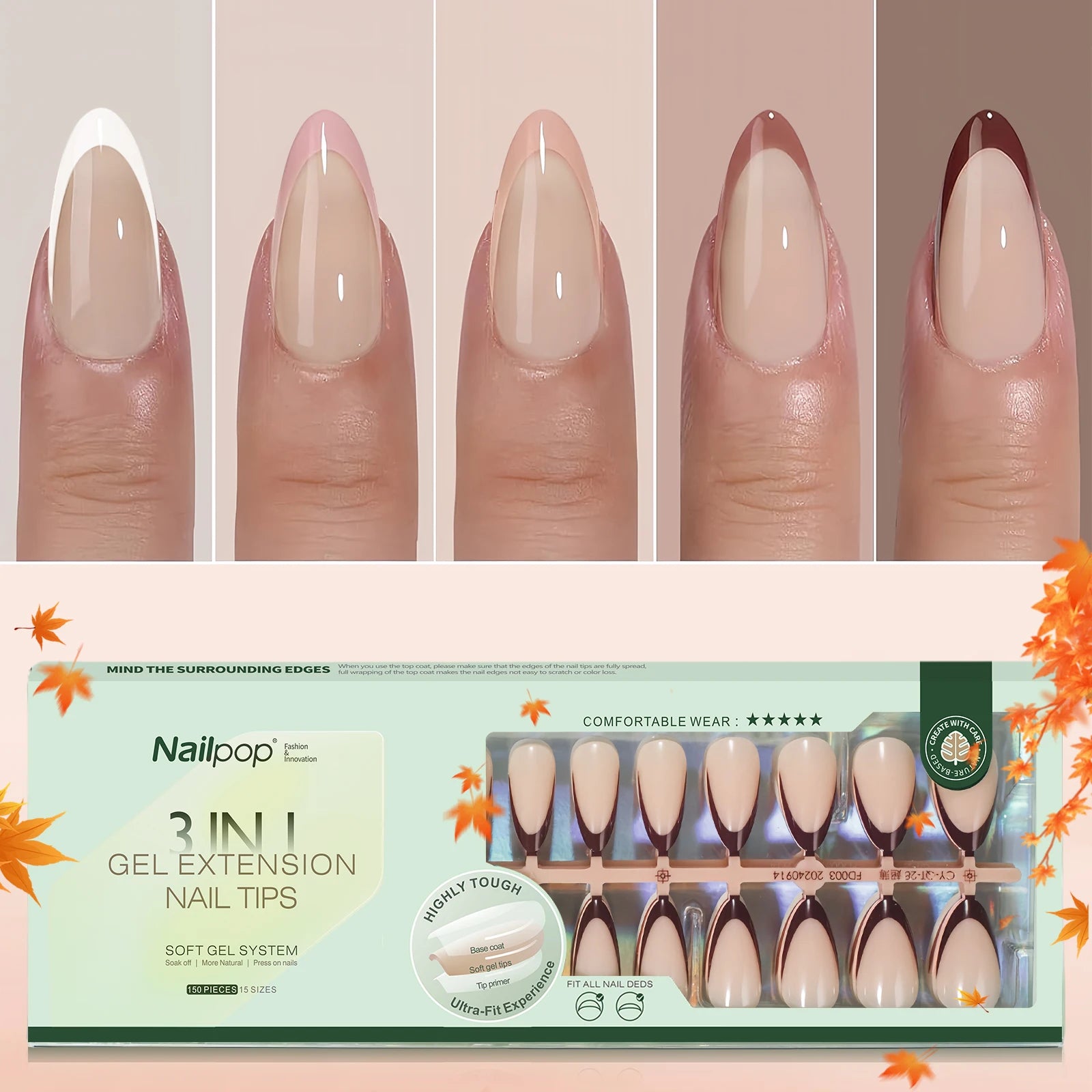 Nailpop 150Pcs French Gel Nail Tips Medium Almond Pre-Colored Press on Nails Skin Tones Soft Gel Nails False Nail Extensions