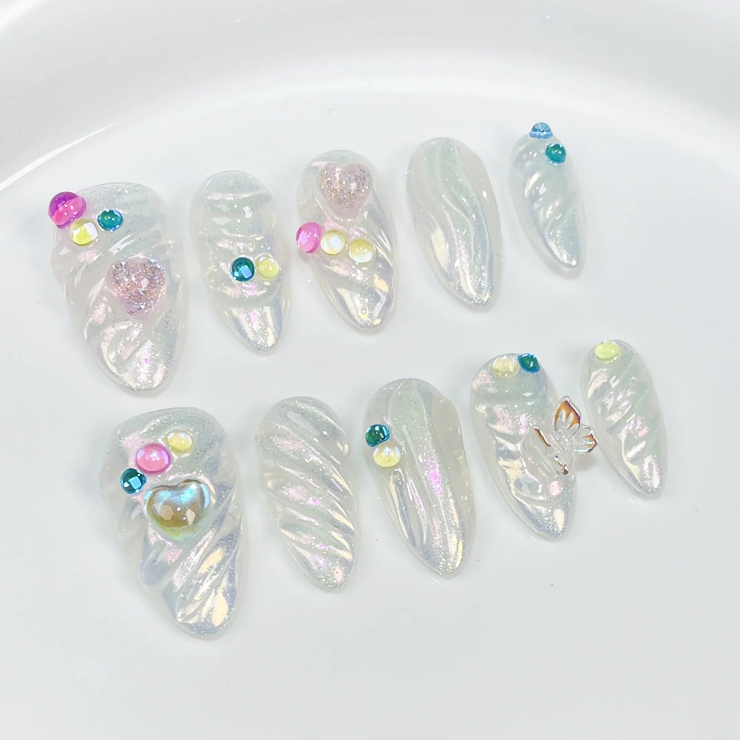 10pcs Handmade Press On Nails 3D Colorful Summer Sea Starfish Designs False Nail Patches For Women  Wearable Almond Fake Nails