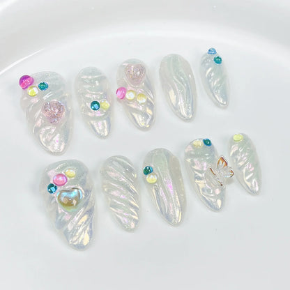10pcs Handmade Press On Nails 3D Colorful Summer Sea Starfish Designs False Nail Patches For Women  Wearable Almond Fake Nails