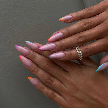 24Pcs Long Almond Fake Nails with White Edge Design Wearable French Press on False Nails Simple Full Cover Nail Tips Manicure