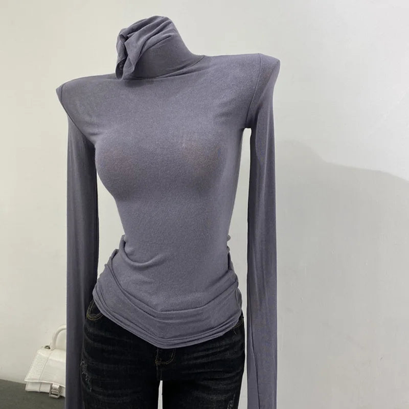 Korean style standing collar long sleeved T-shirt, high collar bottom shirt, women's slim fit slightly transparent top