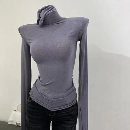 Korean style standing collar long sleeved T-shirt, high collar bottom shirt, women's slim fit slightly transparent top