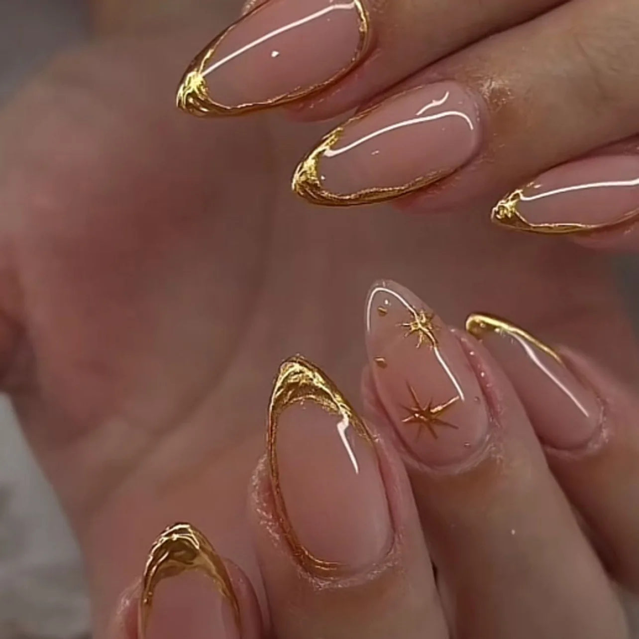 24Pcs Stiletto Press on Nails Glitter Almond False Nails French Tip Fake Nails with Glue Detachable Full Cover Acrylic Nail Tips
