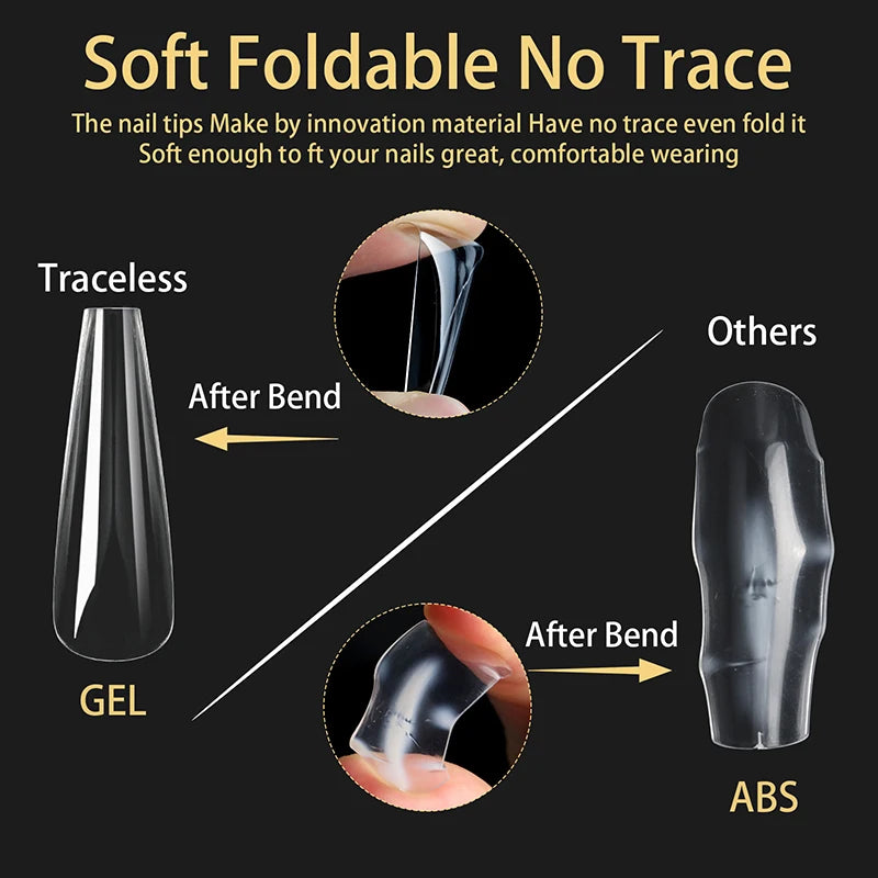 Luxury Acrylic False Nail Tips Almond Coffin Full Cover Super Clear Square Artificial Extension Soft Gel Tip Salon Manicure Tool