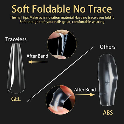 Luxury Acrylic False Nail Tips Almond Coffin Full Cover Super Clear Square Artificial Extension Soft Gel Tip Salon Manicure Tool