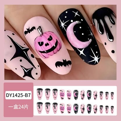 24pcs Simple Almond Press on Nails Cute White Ghost Bat Decor False Nails Wearable Reusable Spicy Cool Halloween Fake Nail Tips