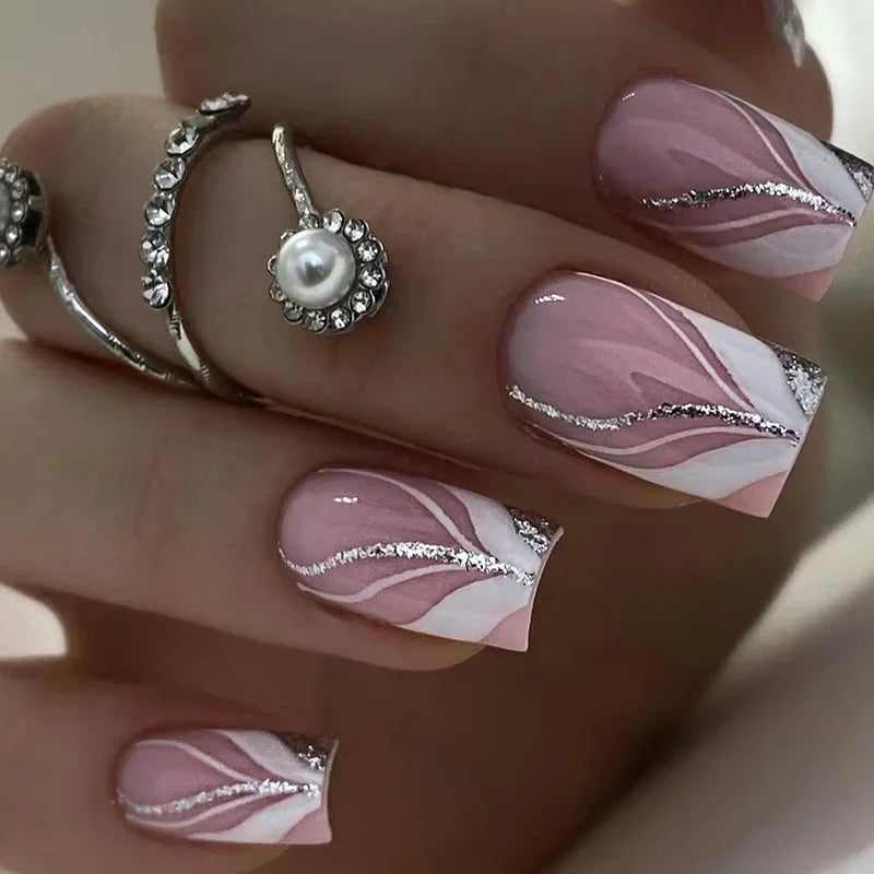 24Pcs Shiny Pearl Wearable False Nails Short Square Fake Nail Simple Summer Press on Nails Detachable Full Cover Nail Tips