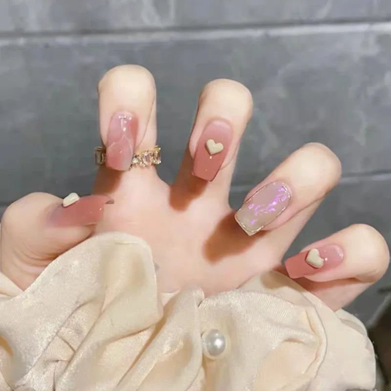 24Pcs Glitter Diamond Press On Nails Sweet Cute Girl Acrylic Nails Full Cover Short Square Fake Nails Wearable Manicure Nail Tip