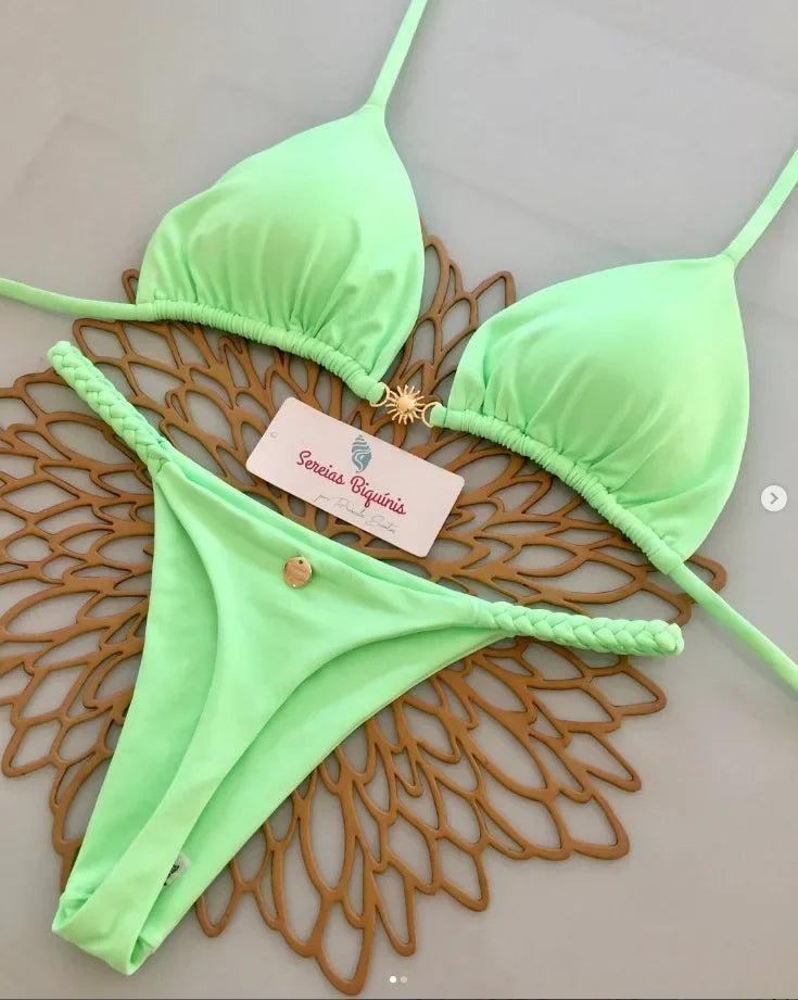 Print Sexy Bikini Sets Halter Lace-up Tops Thongs Beach Style Bathing Suit Y2k Swimsuits Women Beachwear Купальник Женский 2025