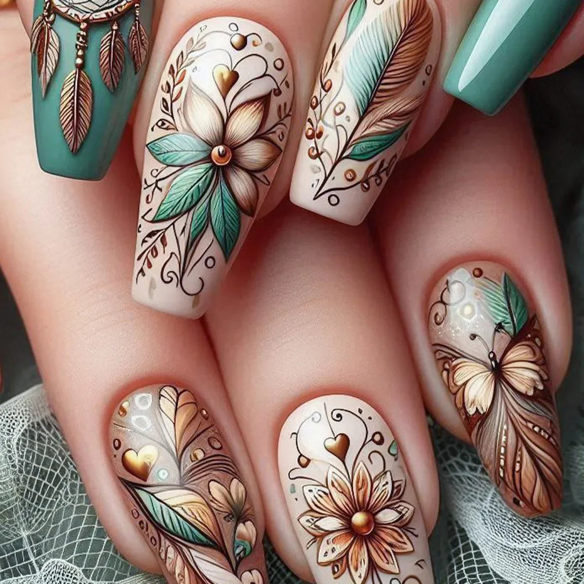 24Pcs Fashion French Fake Nails Colorful Glitter with Butterfly Patterns Medium Square False Nail Art Wearable Acrylic Nail Tips