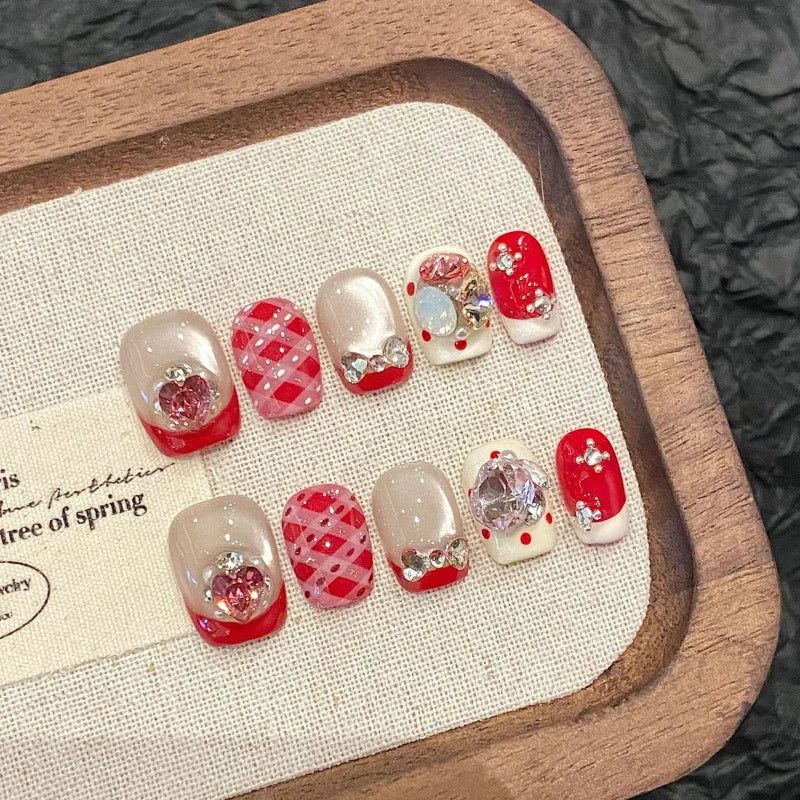 10Pcs Red Cat Eye Handmade Press on Nails Flower Fake Nails Wearable Stick-on Nails Full Cover False Nail Uñas Postizas 네일팁