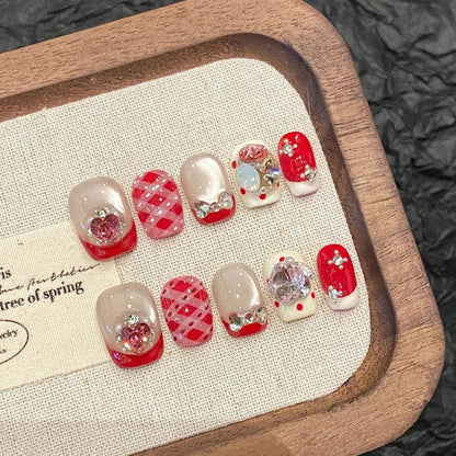 10Pcs Red Cat Eye Handmade Press on Nails Flower Fake Nails Wearable Stick-on Nails Full Cover False Nail Uñas Postizas 네일팁