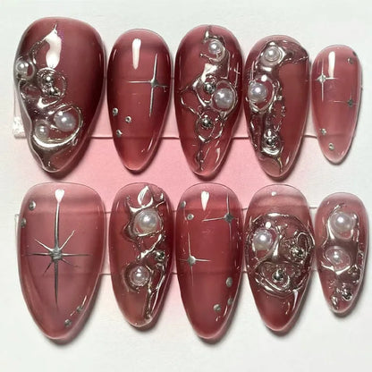 24Pcs Stiletto Press on Nails Glitter Almond False Nails French Tip Fake Nails with Glue Detachable Full Cover Acrylic Nail Tips