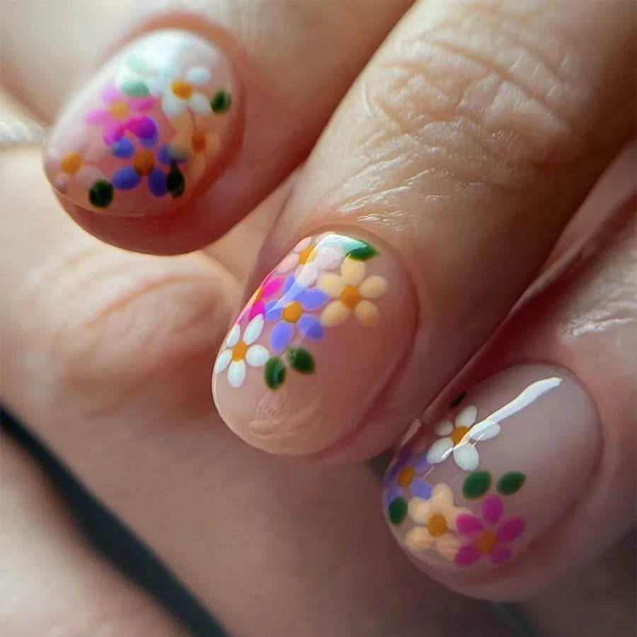 24Pcs Short Square Head Fake Nails with Glue Colorful Flower Design Press on False Nails Wearable Finished Full Cover Nail Tips